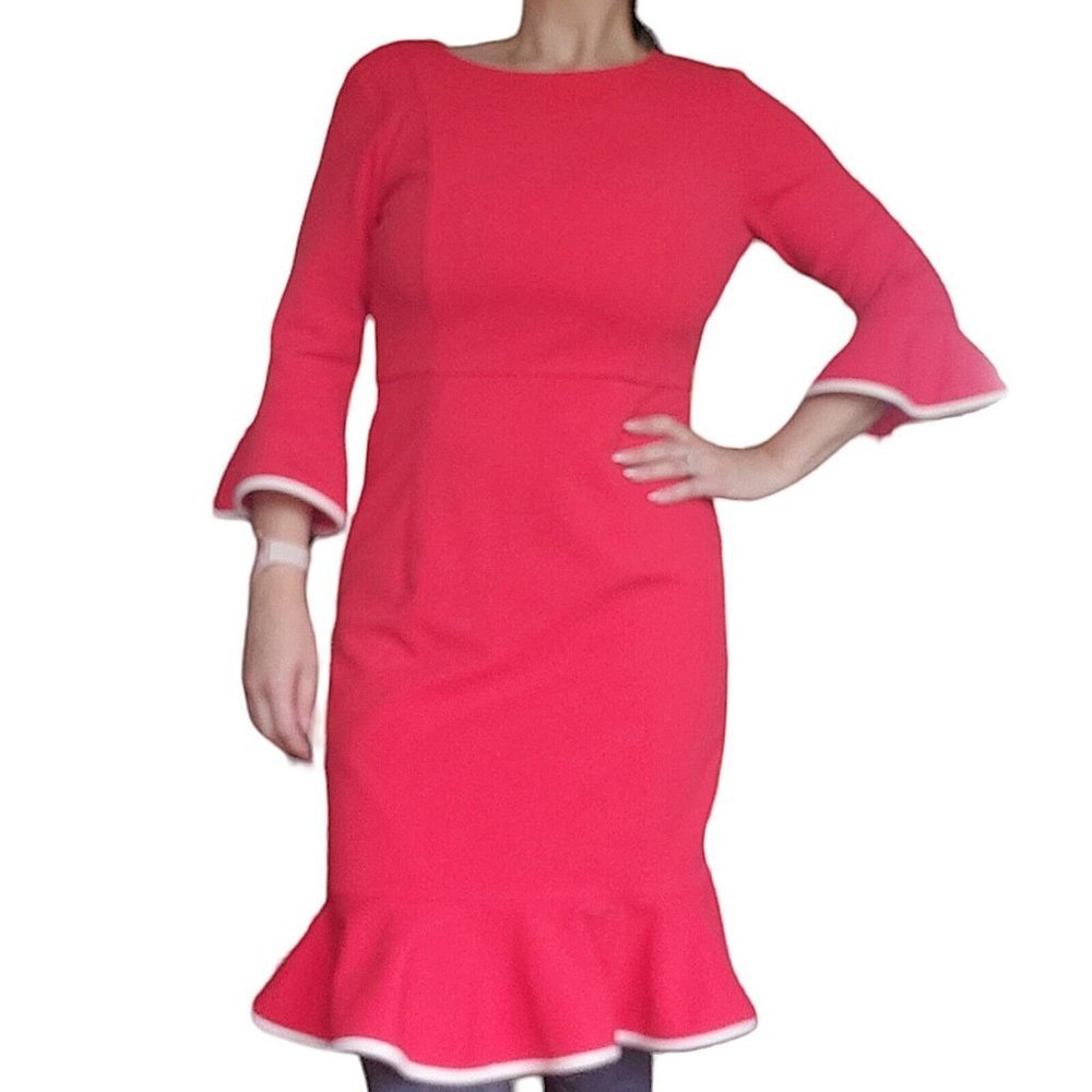 Nanette Lepore Red Sheath Dress Ruffle Trim Sz Small 4 6 Christmas Holiday‎